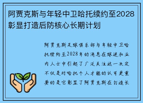 阿贾克斯与年轻中卫哈托续约至2028彰显打造后防核心长期计划